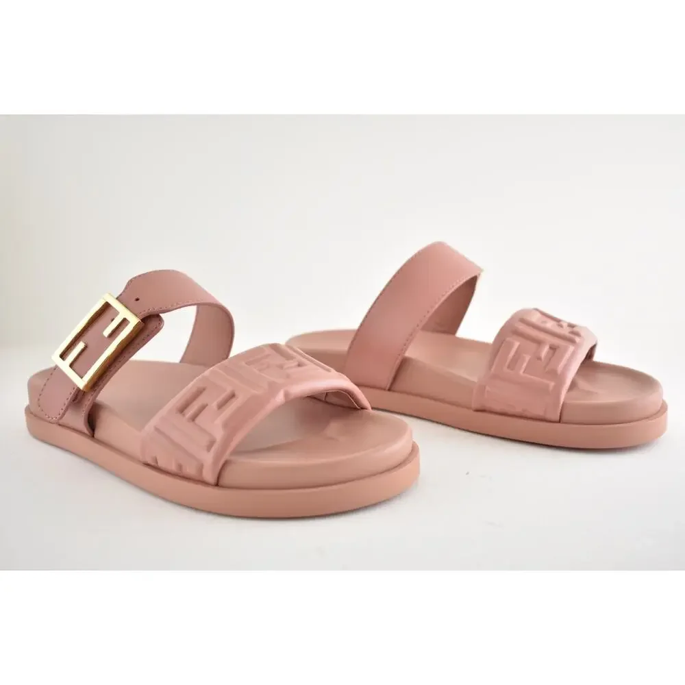 Fendi Feel Slide Pink Brick Leather FF Baguette Logo Gold Mule Flat Sandal 37